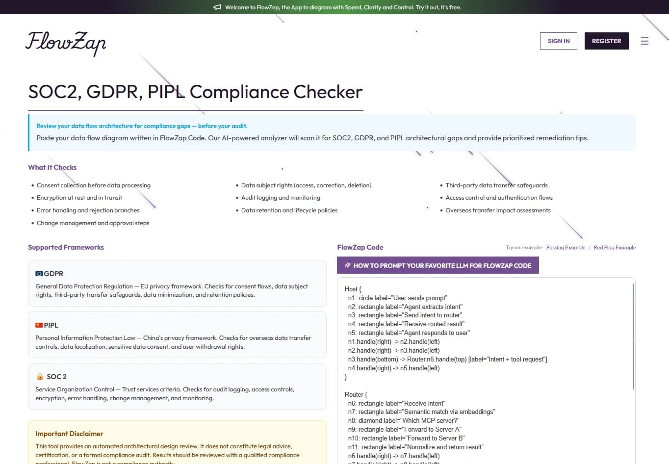 Présentation du vérificateur de conformité SOC2, GDPR et PIPL de FlowZap